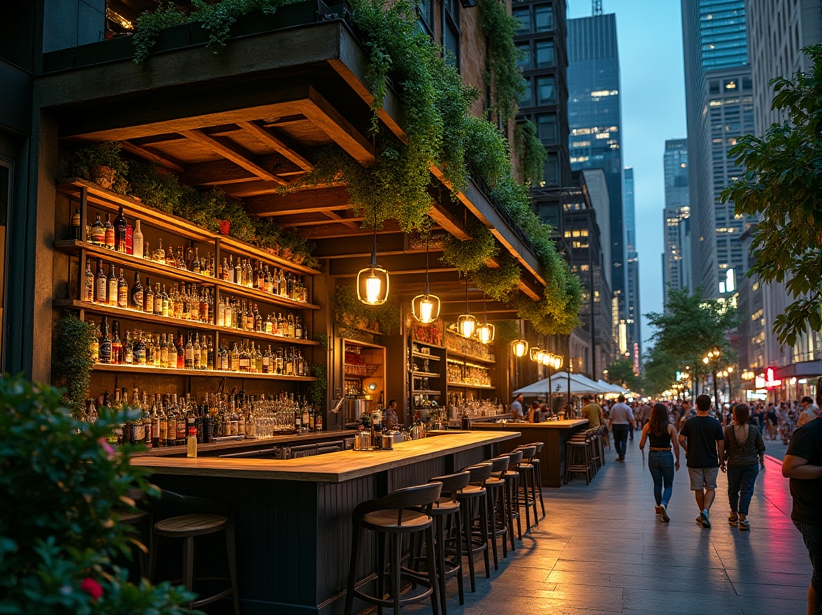 Prompt: Urban green bar, modern architecture, galvanized steel structure, industrial chic, reclaimed wood accents, lush green walls, living plants, neon lights, night scene, bustling cityscape, skyscrapers in the background, busy street, pedestrian traffic, trendy crowd, minimal decor, metallic sheen, rustic texture, cozy ambiance, warm lighting, 3/4 composition, low-angle shot.