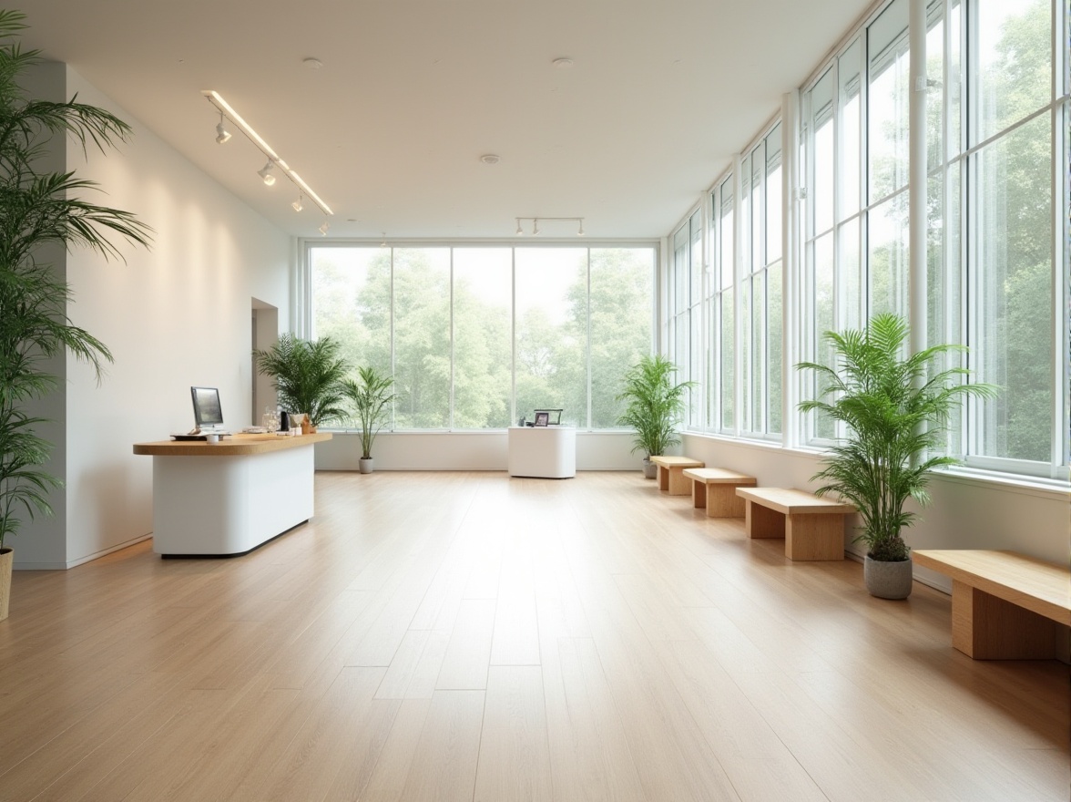 Prompt: Visitor center, minimalistic design, white walls, large glass windows, wooden floors, simple benches, green plants, natural light, empty space, simple information desk, wooden counter, few decorations, calm atmosphere, peaceful background, 3/4 composition, soft lighting, panoramic view.