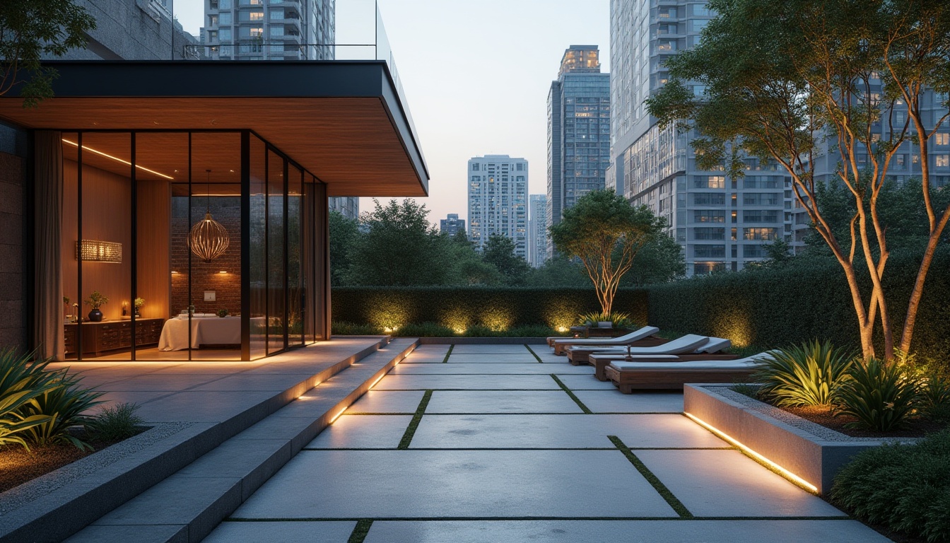 Prompt: Modern outdoor space, minimalist approach, sleek lines, geometric shapes, monochromatic color scheme, concrete pavement, wooden accents, simple greenery, succulents, abstract sculpture, ambient lighting, floor lamps, cantilevered roof, glass railings, cityscape backdrop, urban jungle atmosphere, warm evening glow, 3/4 composition.