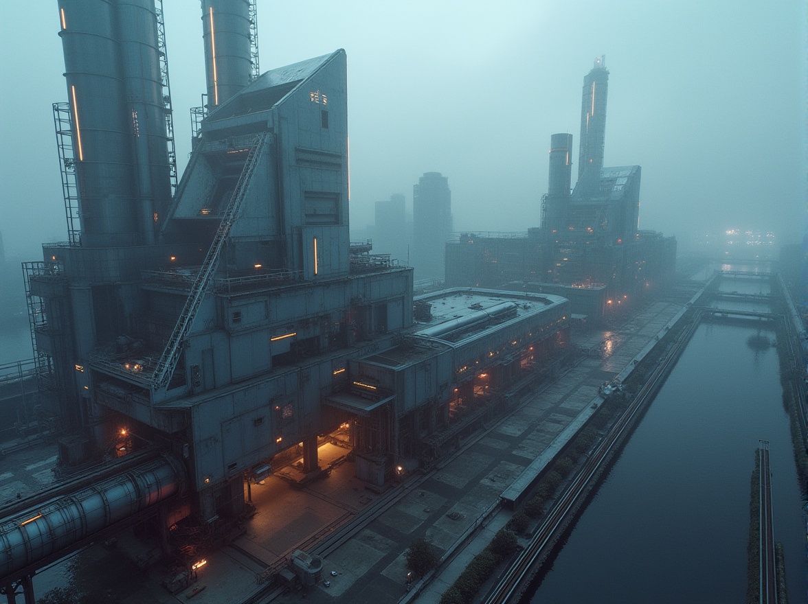 Prompt: Modern energy plant, structuralism style, industrial complex, futuristic, metallic materials, angular shapes, geometric patterns, exposed pipes, mechanical components, neon lights, urban landscape, cityscape, skyscrapers, foggy atmosphere, misty morning, low-angle shot, dramatic lighting, cinematic composition.