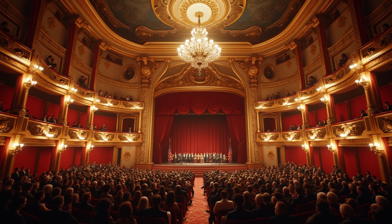 Prompt: Grand opera house, luxurious interior, ornate decorations, intricate moldings, red velvet curtains, golden chandeliers, majestic staircase, grand balcony, refined audience, evening gowns, suits and ties, cultural heritage, historical landmark, Baroque architecture, urban cityscape, soft warm lighting, dramatic shadows, 3/4 composition.