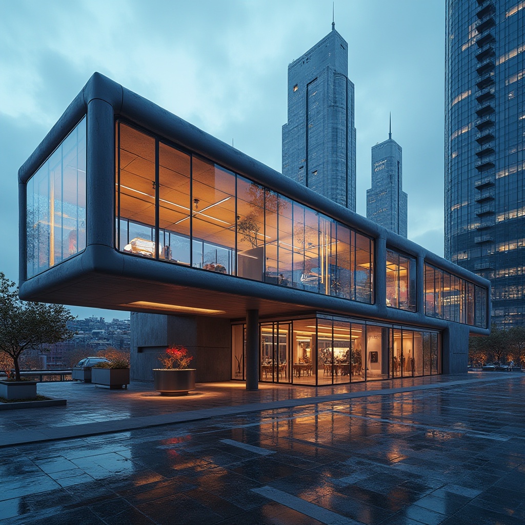 Prompt: Futuristic pavilion, Bauhaus style, geometric shapes, clean lines, minimal ornamentation, steel frames, glass walls, transparent roof, cantilevered structure, futuristic lighting, neon accents, urban setting, cityscape, skyscrapers in background, evening atmosphere, warm glow, 3/4 composition, low-angle shot, bold colors, contrast between modern and historical architecture, abstract shapes, metallic materials, reflective surfaces, innovative, avant-garde, modernist, industrial chic.