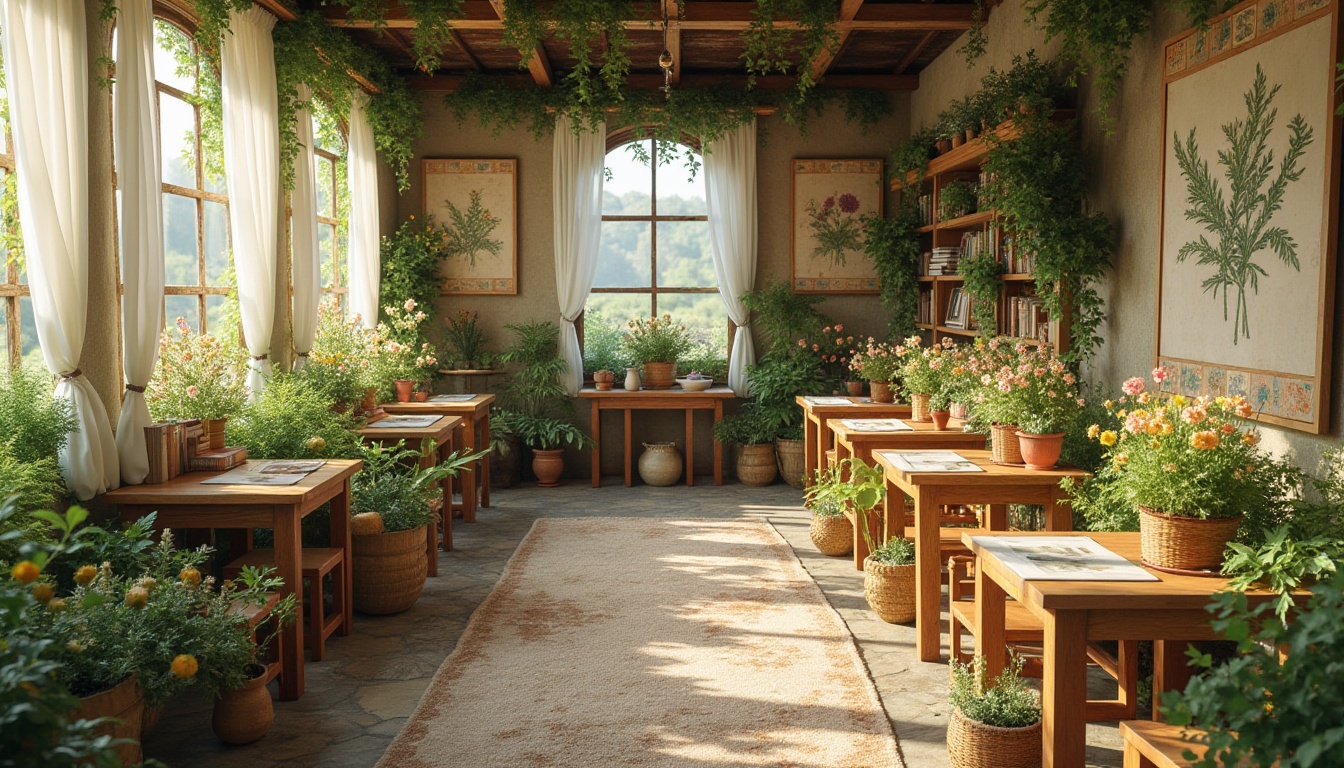 Prompt: Vibrant meadow interior, floral patterns, greenery walls, wildflowers on tables, rustic wooden furniture, natural stone floors, earthy tones, soft sunlight, sheer curtains, woven baskets, vintage gardening tools, distressed finishes, cozy reading nook, plush area rug, nature-inspired artwork, botanical prints, warm beige colors, organic textures, serene ambiance.