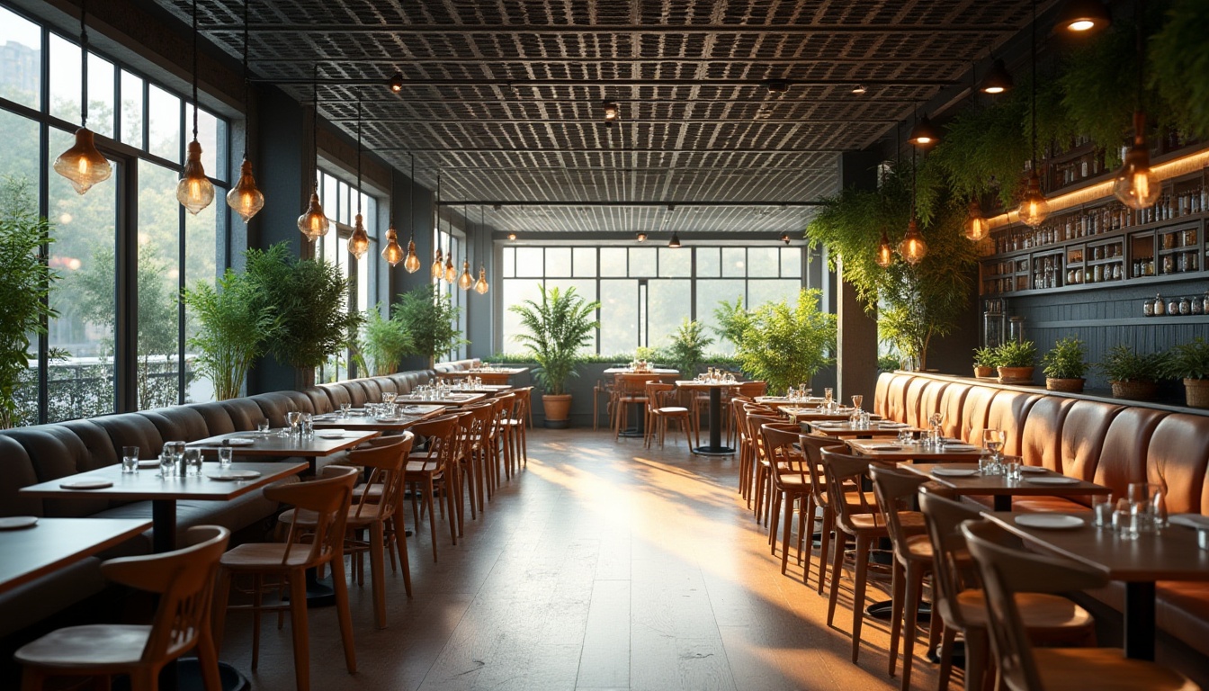 Prompt: Modern restaurant interior, perforated metal ceiling, industrial chic, urban ambiance, minimal decor, sleek tables, wooden chairs, pendant lamps, greenery walls, living plants, natural light, afternoon sunbeams, subtle shadows, 3/4 composition, shallow depth of field, soft focus on background, warm color tone, inviting atmosphere.