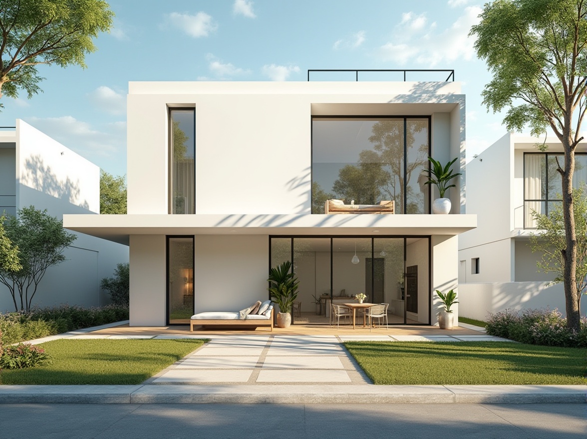 Prompt: Suburban residence, minimalist architecture, white walls, large windows, sliding glass doors, modern interior design, wooden floors, low-profile furniture, greenery, potted plants, natural light pouring in, airy atmosphere, empty spaces, simple color palette, calm ambiance, quiet neighborhood, trees lining the streets, blooming flowers, cloudless blue sky, warm sunlight, 3/4 composition, shallow depth of field, soft focus, cinematic lighting.