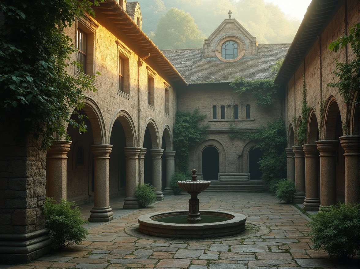 Prompt: Ancient monastery, transitional architecture, serene atmosphere, stone walls, arched windows, ornate carvings, intricate stonework, grand entrance, cloister courtyard, peaceful fountain, lush greenery, misty morning, warm golden lighting, soft focus, 3/4 composition, rustic texture, aged stone, vines crawling up walls, mysterious ambiance.