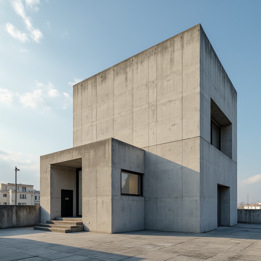 Prompt: Modern building, Gainsboro color scheme, exterior wall, concrete material, rough texture, brutalist structure, urban cityscape, daytime, clear sky, few white clouds, strong contrast, dramatic lighting, low-angle shot, emphasis on geometric shape, minimalist composition.