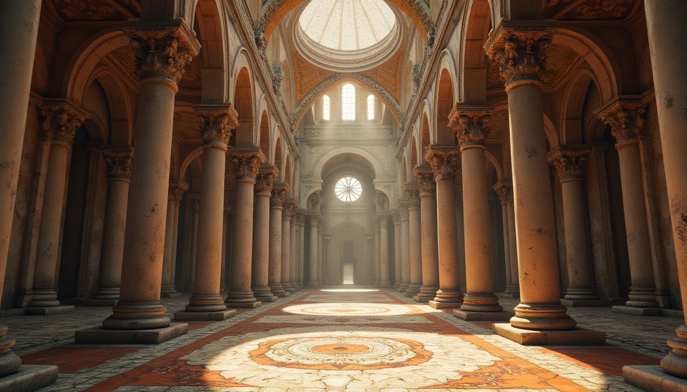 Prompt: Byzantine style building, grandiose dome, intricate stone carvings, ornate marble columns, rustic concrete walls, weathered stone floors, vibrant mosaic tiles, golden lighting, atmospheric fog, dramatic composition, low-angle shot, symmetrical framing, ancient ruins, abandoned temple, mystical ambiance, warm afternoon sunlight.