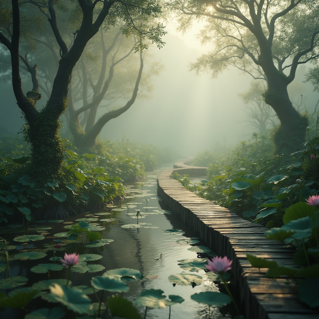 Prompt: Wetland Inspirations, nature meets design, misty morning, serene atmosphere, lush green vegetation, water lilies, lotus flowers, twisted tree trunks, vines entwined, wooden boardwalk, winding path, gentle ripples on calm water, soft sunlight filtering through fog, subtle warm colors, natural textures, intricate details, 3D composition, shallow depth of field, cinematic mood, artistic lighting.