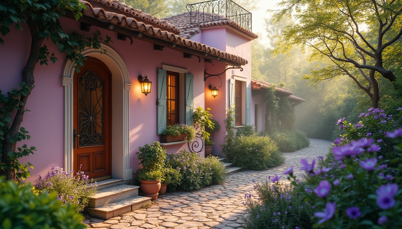 Prompt: Cozy periwinkle-colored villa, Mediterranean style, warm and inviting exterior, ornate wooden door, delicate ironwork balcony, lush greenery surrounding the house, vibrant purple flowers blooming in the garden, soft morning sunlight casting a warm glow, gentle mist rising from the ground, 3/4 composition, beautiful detailed texture, natural and serene atmosphere, ambient light, cinematic composition.