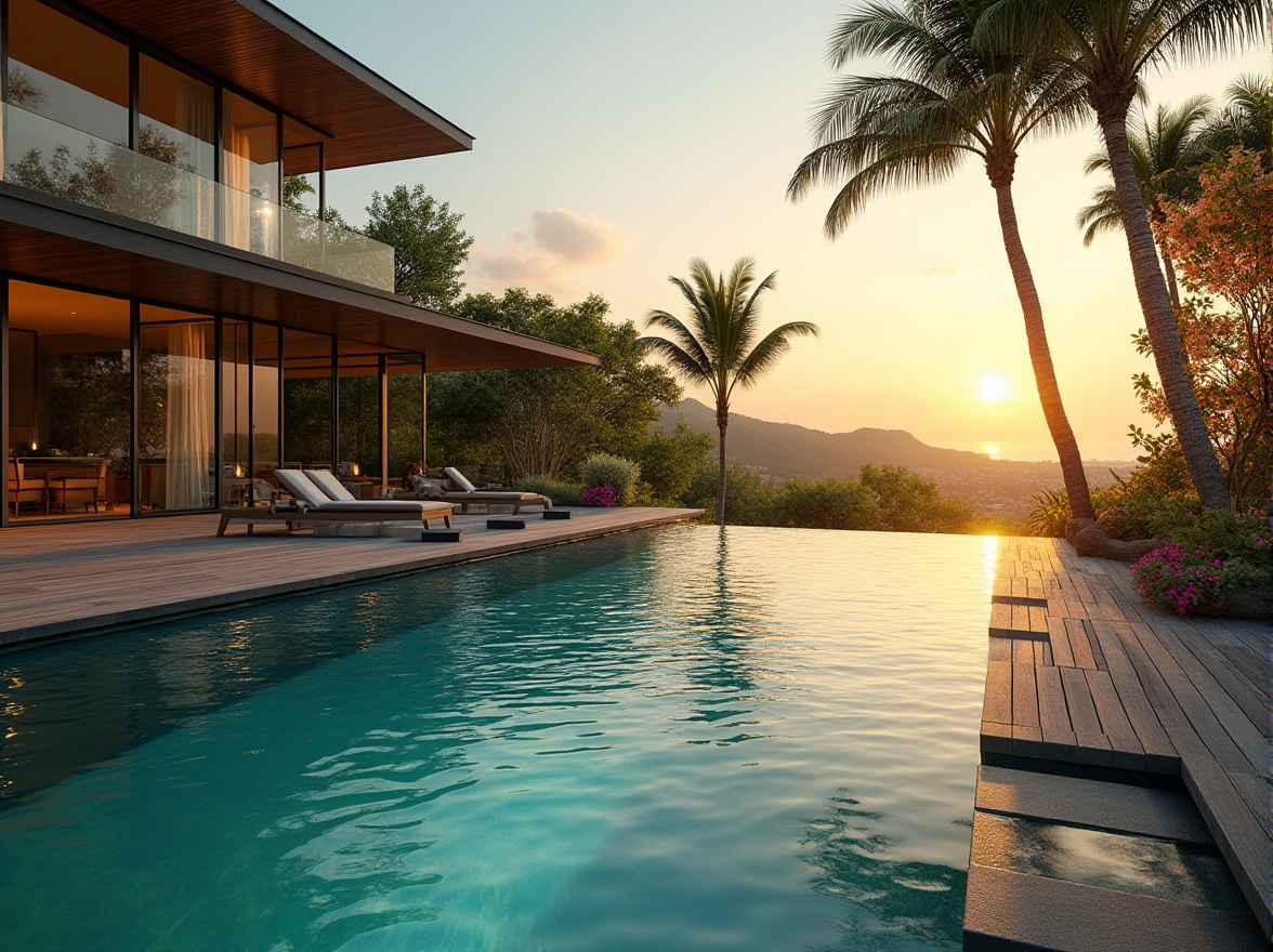 Prompt: luxurious villa backyard, sunset time, warm golden light, modern metabolism style pool, infinity edge, turquoise water, gentle ripples, stepping stones, surrounding lush greenery, tall palm trees, blooming flowers, outdoor lounge chairs, wooden deck, soft ambient lighting, 3/4 composition, shallow depth of field.