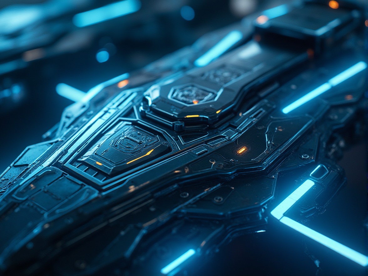 Prompt: Lavacrete material, futuristic, high-tech, metallic sheen, reflective surface, intricate circuit patterns, neon lights embedded, glowing blue lines, angular geometric shape, sharp edges, luxurious interior, spaceship cabin, sci-fi atmosphere, dramatic lighting, close-up shot, 3/4 composition, ambient Occlusion, HDR rendering.