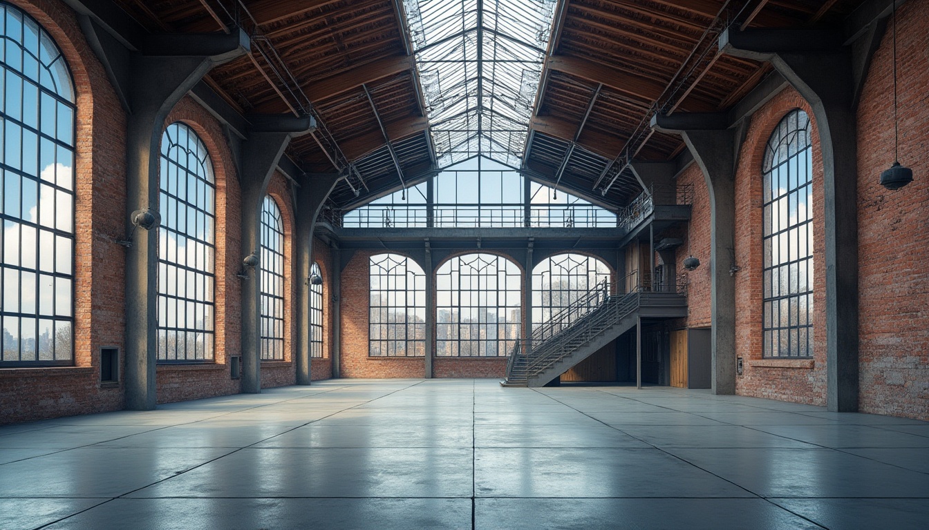 Prompt: Industrial warehouse, modern vernacular architecture, exposed brick walls, metal beams, large windows, clerestory windows, concrete floors, metal staircase, industrial lamps, minimalist decor, empty space, natural light, urban landscape, cityscape, blue sky, fluffy white clouds, low-angle shot, symmetrical composition, high contrast lighting.