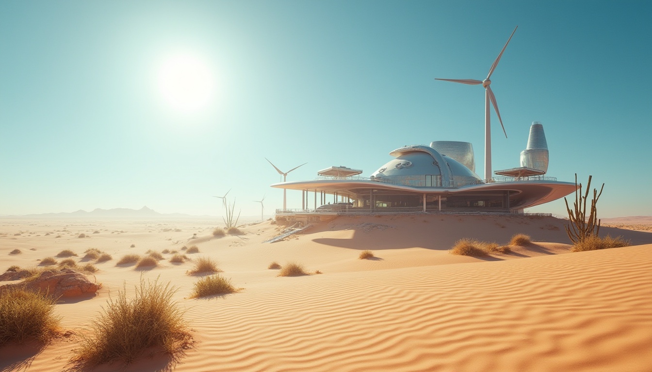 Prompt: Desert landscape, endless dunes, vast sandy beach, clear blue sky, hot sun, unique architecture, futuristic building, metallic materials, reflective surfaces, water conservation system, solar panels, wind turbines, succulent plants, cacti, sandstorm, dramatic lighting, warm color tone, cinematic composition, low angle shot.