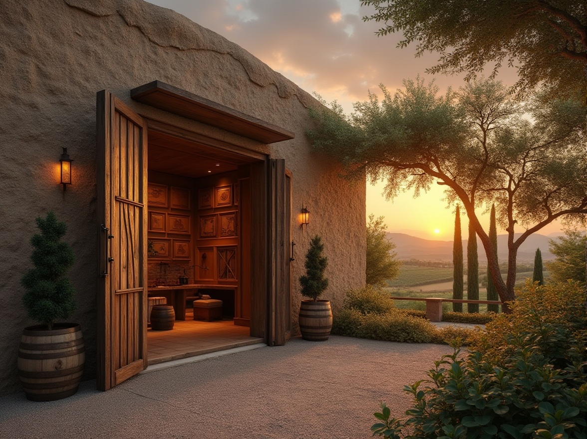 Prompt: Rammed earth winery, Mediterranean style, natural material, rustic texture, earthen wall, wooden door, grapevine trellis, wine barrels, oak wood aging room, dim soft lighting, warm ambiance, Tuscany landscape, rolling hills, cypress trees, vineyard in background, sunset hour, golden light, dramatic clouds, cinematic composition, high contrast, shallow depth of field.