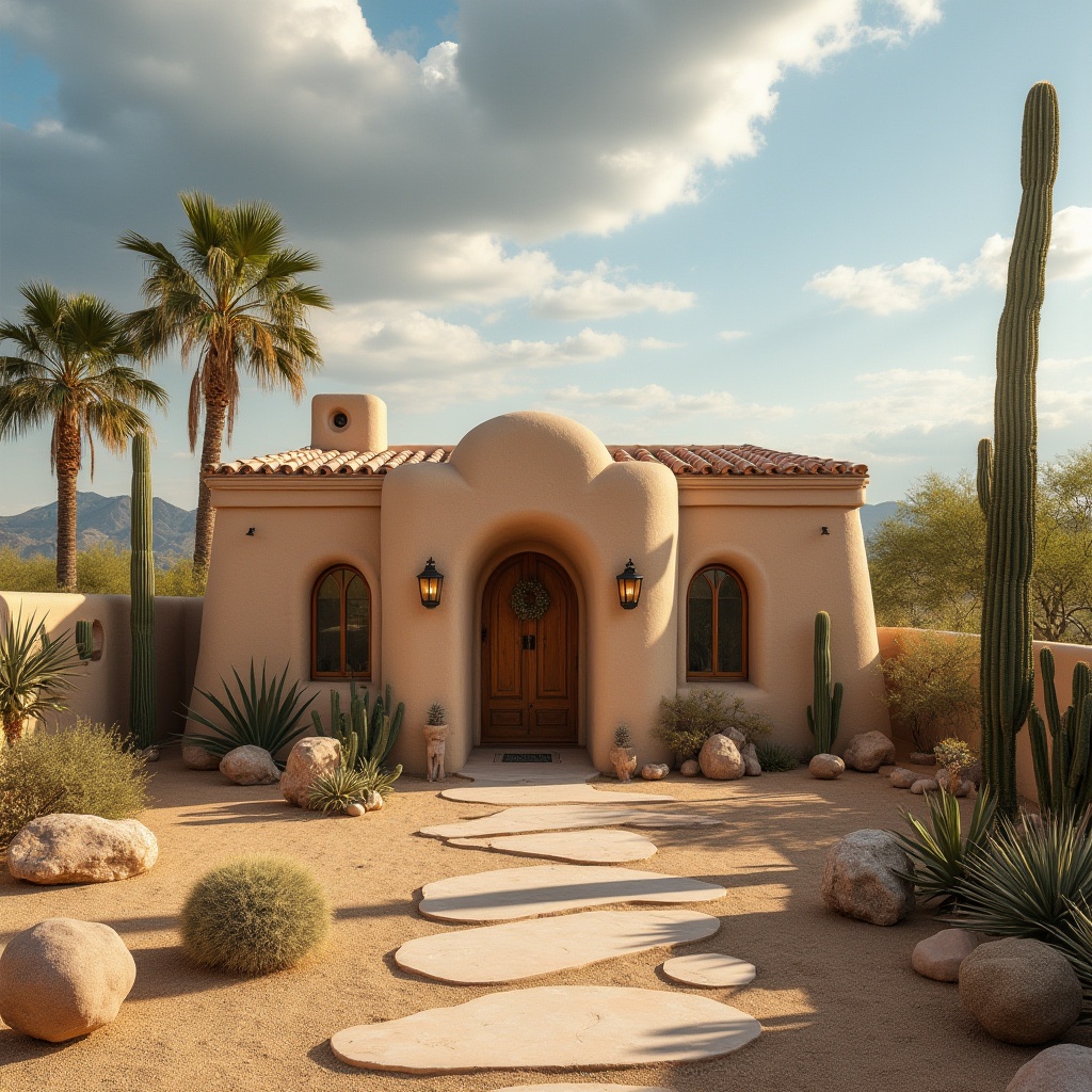 Prompt: Desert villa, Gainsboro color, exterior, sunny day, warm light, adobe architecture, rounded edges, earthy tone, beige stucco walls, clay roof tiles, wooden door, metal lanterns, potted cacti, succulents, sandy yard, palm trees, distant mountains, clear blue sky, dramatic clouds, low-angle shot, cinematic composition, natural texture, warm ambient light.