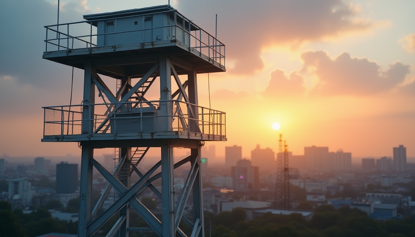 Prompt: Watching tower, steel-framed structure, modern architecture, sleek design, silver metallic materials, reflective surface, minimalist aesthetic, industrial look, urban landscape, cityscape background, sunset lighting, warm ambiance, dramatic shadows, low-angle shot, 3/4 composition, sharp focus on steel frames, blurred background, cinematic mood.