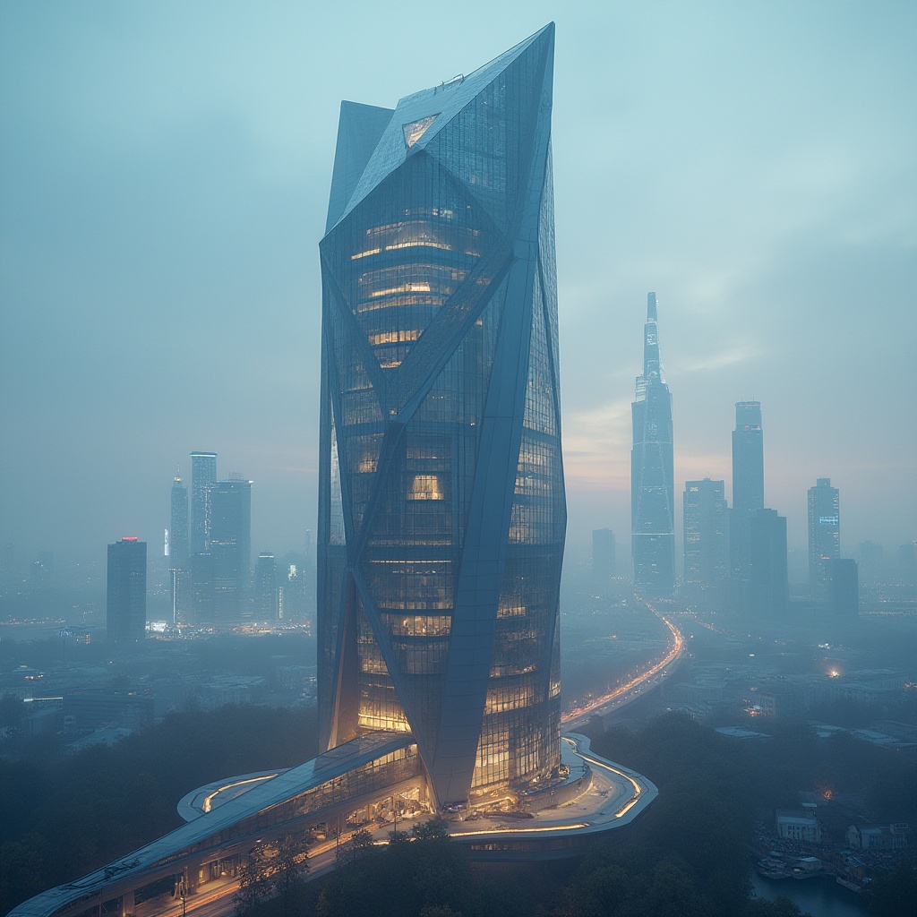 Prompt: Futuristic skyscraper, experimental architecture, polycarbonate façade, translucent walls, angular structure, neon lights, cityscape, metropolitan area, evening atmosphere, misty fog, soft focus, cinematic composition, low-angle shot, urban landscape, sleek lines, modern materials, glass and steel accents, abstract patterns, 3D modeling, surreal ambiance.