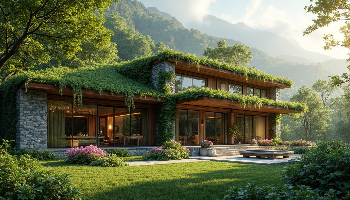 Prompt: Greenery infused modern villa, large windows, sliding glass doors, seamless indoor-outdoor transition, lush green roof, overhanging eaves, natural stone walls, wooden accents, vines crawling up columns, flower-filled planters, surrounding forest, misty mountains in the distance, warm sunlight filtering through trees, dappled shadows on the facade, 3/4 composition, soft focus background.