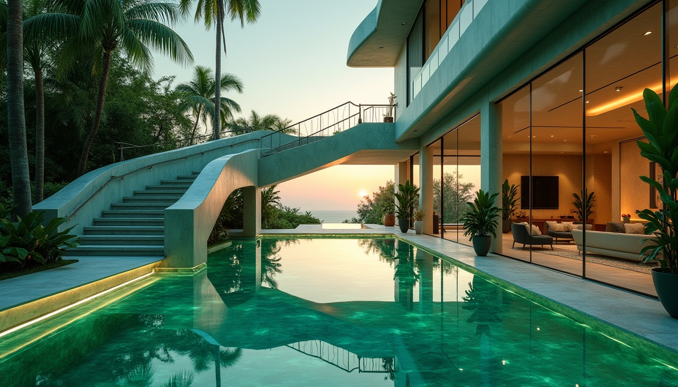 Prompt: Vibrant green malachite color, luxurious modern villa, sleek lines, geometric shapes, futuristic architecture, majestic entrance, grand staircase, spacious open-plan living room, floor-to-ceiling windows, panoramic view, lush greenery surroundings, tropical plants, natural stone walls, polished marble floors, minimalist decor, ambient lighting, 3/4 composition, warm sunset glow, shallow depth of field.