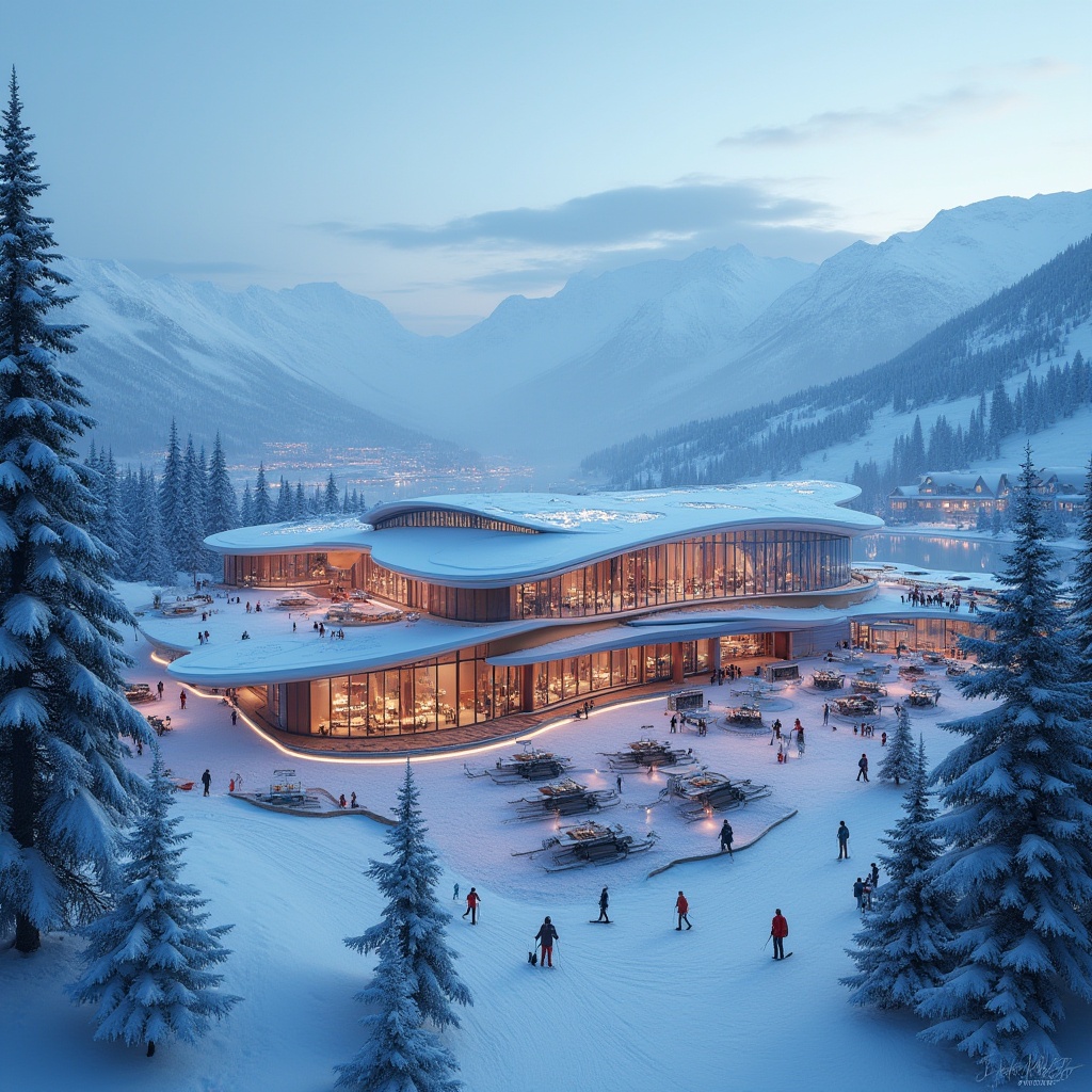 Prompt: Ski center, modern architecture, futuristic design, sleek lines, glass facade, snowflake-inspired roof, LED lights, icy blue color scheme, frosty mornings, snowy mountains, evergreen trees, frozen lakes, ski lifts, cable cars, snowy paths, winter sports, skiers, snowboarders, warm interior lighting, cozy atmosphere, wooden accents, fireplaces, mountain lodge style, panoramic views, 3/4 composition, low-angle shot, dramatic lighting, misty morning.