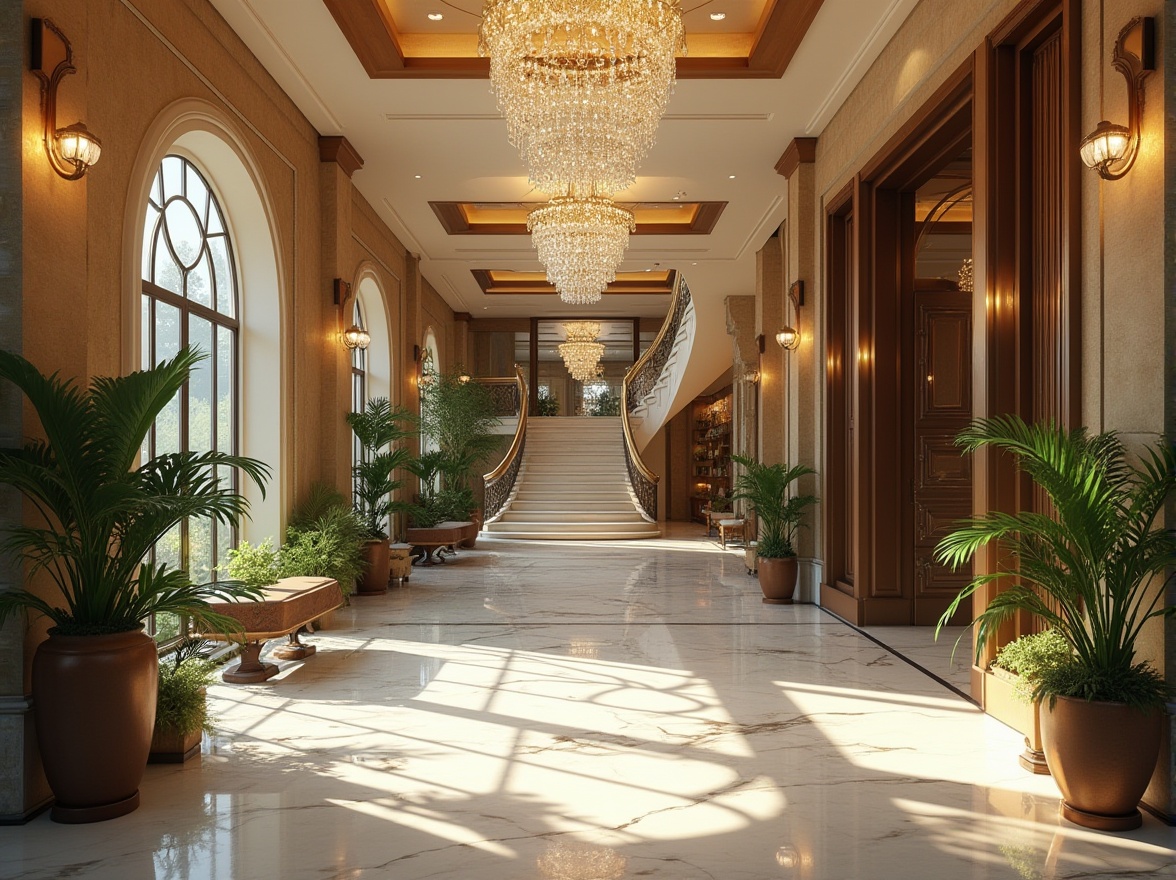 Prompt: Luxurious hotel lobby, eclectic design, marble flooring, white veins, high-gloss finish, modern chandelier, crystal droplets, grand staircase, ornate metal railing, lush greenery, potted plants, natural stone walls, ambient warm lighting, afternoon sunbeams, 3/4 composition, shallow depth of field, cinematic mood, elegant atmosphere.