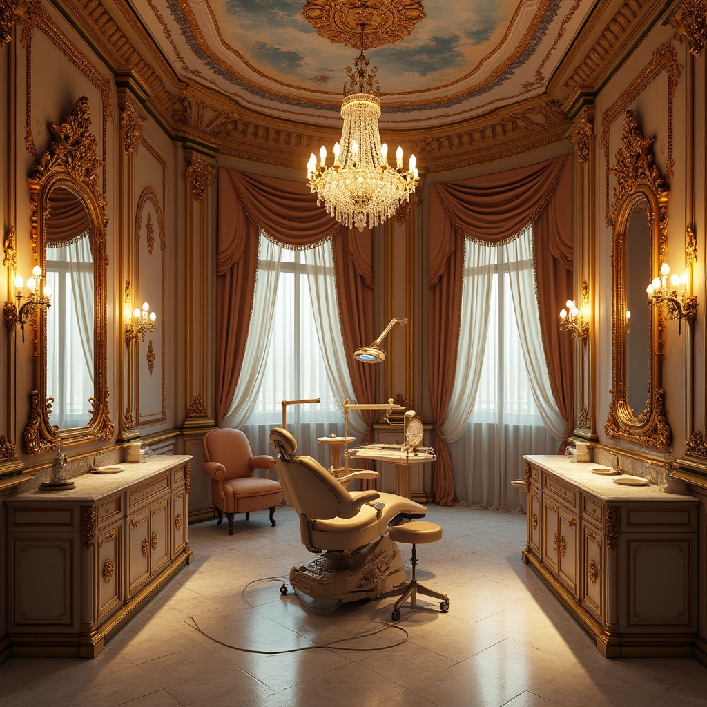 Prompt: Baroque-inspired dental clinic, luxurious interior, golden ornate mirrors, intricate carvings on wooden walls, grand crystal chandelier, velvet drapes, ornate furniture with curved legs, marble countertops, gilded accents, elegant archways, Renaissance-style frescoes on ceiling, soft warm lighting, 3/4 composition, shallow depth of field, realistic texture, high-end materials.