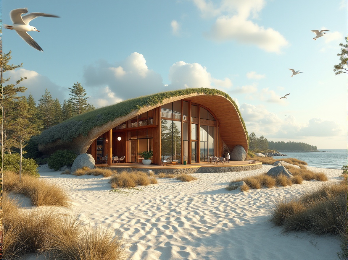 Prompt: Coastal community center, organic architecture, curved lines, natural materials, wood, stone, green roof, large windows, skylights, open interior space, minimal decorations, coastal vibe, beachside, sandy dunes, driftwood, seagulls flying overhead, sunny day, gentle sea breeze, warm lighting, soft shadows, 3/4 composition, cinematic view.