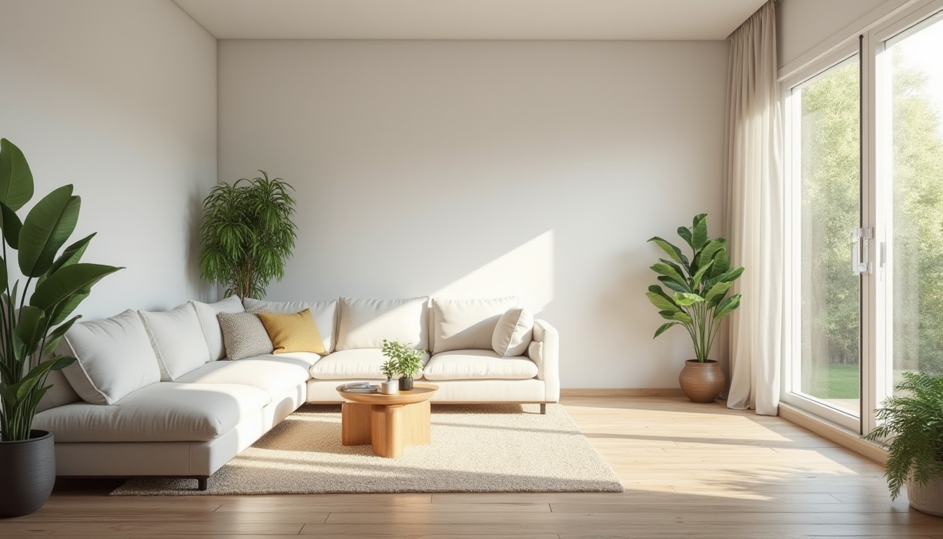 Prompt: Suburban residence, minimalist design, clean lines, simple shapes, white walls, large windows, natural light, wooden floors, open-plan living room, modern sofa, geometric coffee table, greenery, potted plants, calm atmosphere, afternoon sun, soft shadows, 3/4 composition, shallow depth of field, warm color tones, cozy ambiance.