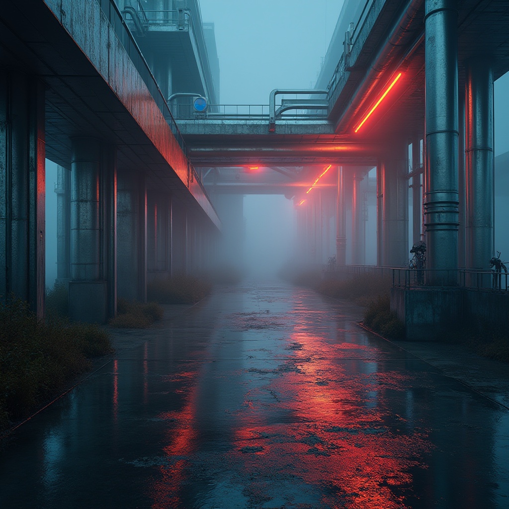 Prompt: Wetland, Bar Constructivism style, futuristic, metallic structure, reflective surface, neon lights, misty atmosphere, industrial pipes, concrete foundation, abstract shapes, geometric patterns, bold lines, vibrant colors, glowing accents, eerie ambiance, low-angle shot, dramatic lighting, cinematic composition, mysterious mood, foggy background, experimental architecture, avant-garde design.