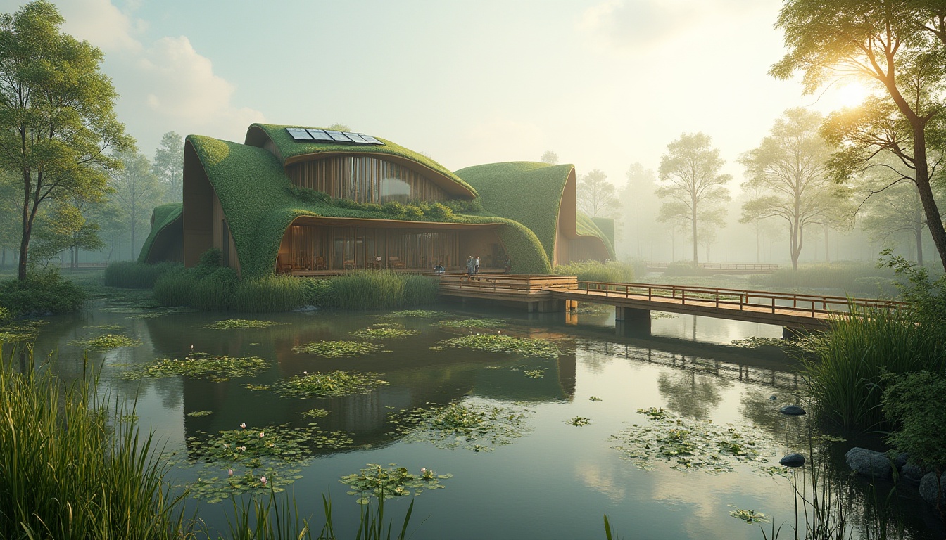 Prompt: Eco-friendly building, modern architecture, harmonious integration with wetland environments, curved lines, green roofs, solar panels, wooden bridges, natural materials, lush vegetation, water lilies, reeds, misty atmosphere, soft morning light, tranquil ambiance, 3/4 composition, shallow depth of field, warm color tone, cinematic mood.