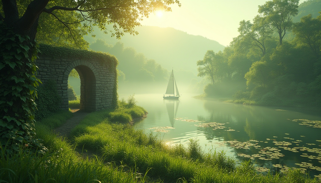 Prompt: Pale green, calming atmosphere, serene landscape, gentle hills, misty morning, soft sunlight, dew-kissed grass, lush vegetation, vines crawling up ancient stone walls, ivy-covered trees, peaceful lake in the distance, sailboat drifting lazily, water lilies floating on the surface, subtle ripples, warm ambient lighting, shallow depth of field, natural composition, cinematic mood, dreamy quality.