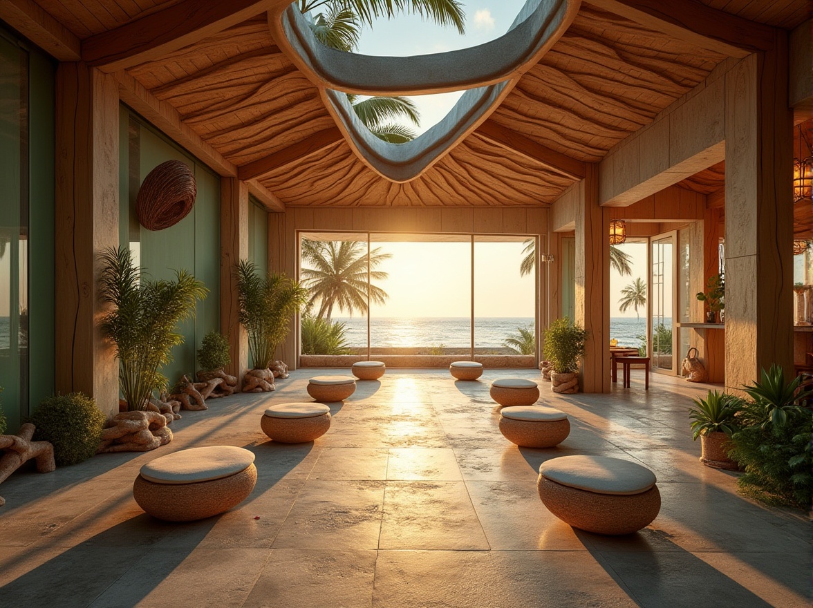 Prompt: Curved lines, earthy tones, natural materials, wooden accents, wavy roof, greenery walls, floor-to-ceiling windows, ocean views, beachside, sunset time, warm golden light, driftwood benches, woven rattan furniture, potted plants, shells decorations, community center, gathering space, minimalistic interior, soft ambient lighting, 3/4 composition, cinematic atmosphere, depth of field, natural textures, coastal vibes, serene ambiance.