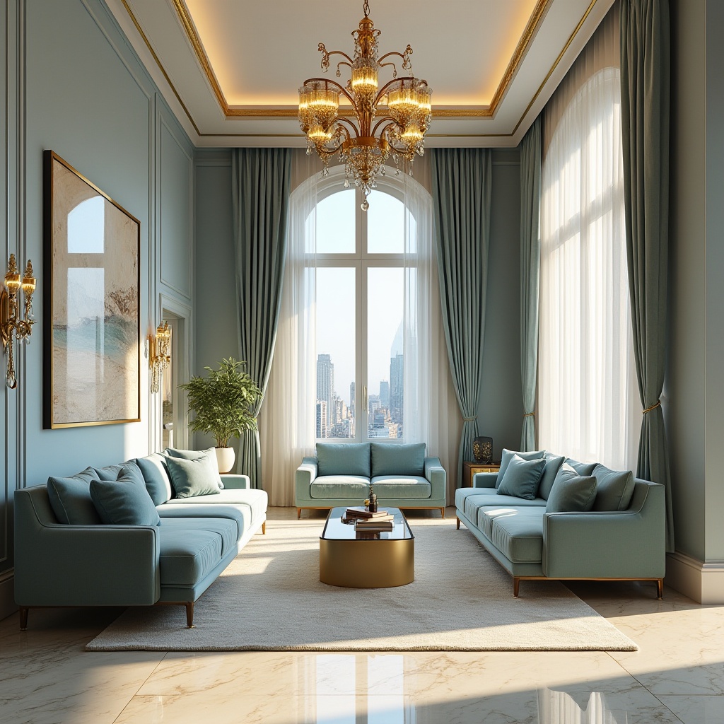 Prompt: Luxurious hotel interior, periwinkle accent walls, elegant chandelier, creamy marble floors, plush velvet sofas, ornate golden frames, soft periwinkle throw pillows, modern minimalist coffee table, floor-to-ceiling windows, city skyline view, afternoon sunlight, warm ambient lighting, 3/4 composition, shallow depth of field.