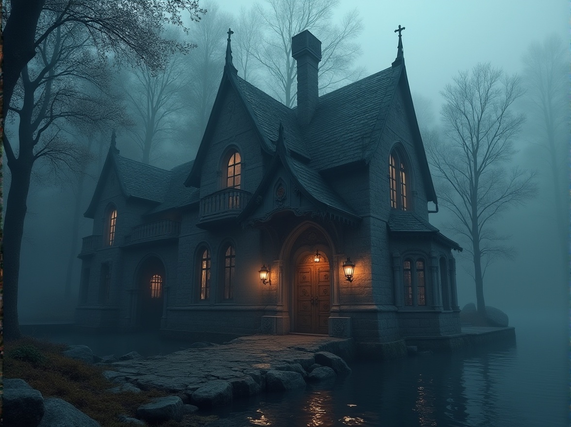 Prompt: Gothic boathouse, mysterious atmosphere, twilight hour, misty fog surrounding, old-growth trees towering above, intricate stone carvings adorning walls, pointed arches, ribbed vaults, flying buttresses, grandiose entrance, heavy wooden doors, ornate iron hinges, dim lantern lighting, eerie shadows, overgrown vegetation, moss-covered stones, weathered wood, misty lake water reflections, panoramic view, atmospheric perspective, cinematic composition, high contrast, dramatic lighting.