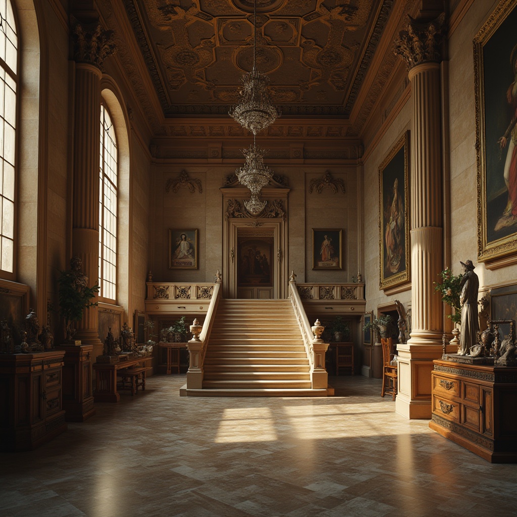 Prompt: Museum-like interior, grand staircase, marble floors, ornate chandeliers, tall columns, Renaissance-style paintings, vintage artifacts, ancient relics, dim warm lighting, soft shadows, 3/4 composition, facial close-up, panoramic view, realistic textures, intricate details, majestic atmosphere, cultural heritage, educational ambiance, solemn tone, classical music background.