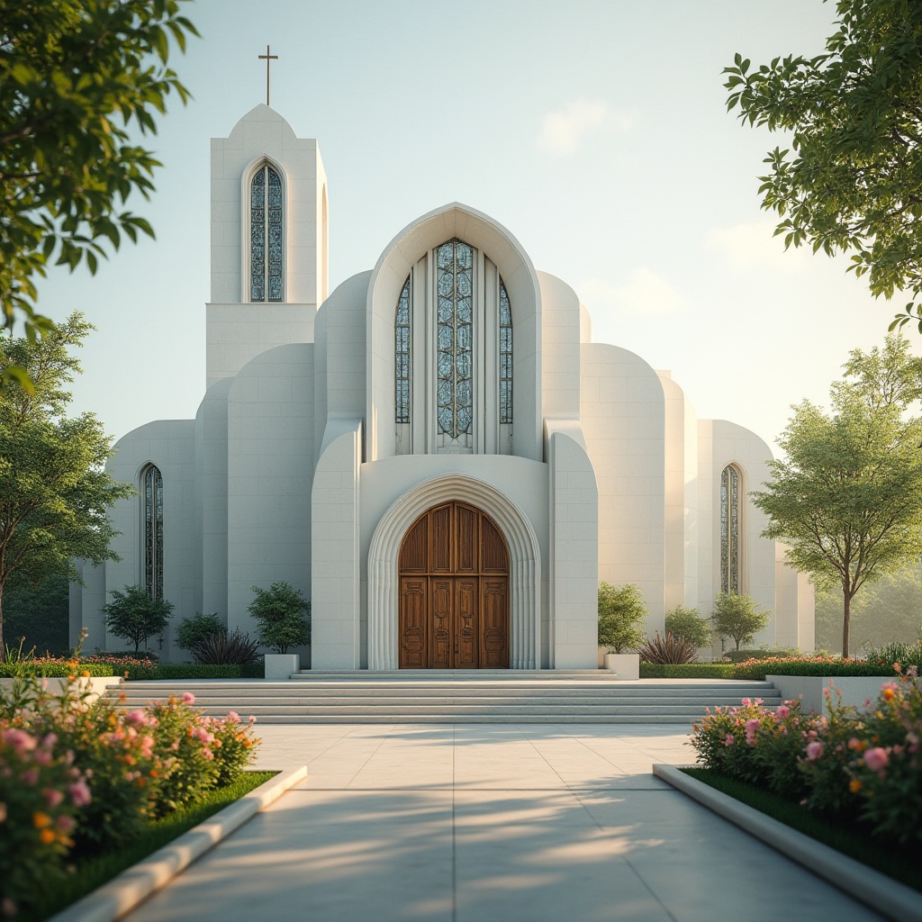 Prompt: Streamlined Moderne church, elegant curves, white stone exterior, grand entrance with ornate bronze doors, intricate stained glass windows, slender bell tower, subtle Art Deco patterns, lush greenery surrounding, vibrant flower arrangements, soft morning light, gentle mist, serene atmosphere, 3/4 composition, shallow depth of field, cinematic lighting, warm color tone, detailed textures, symmetrical architecture.