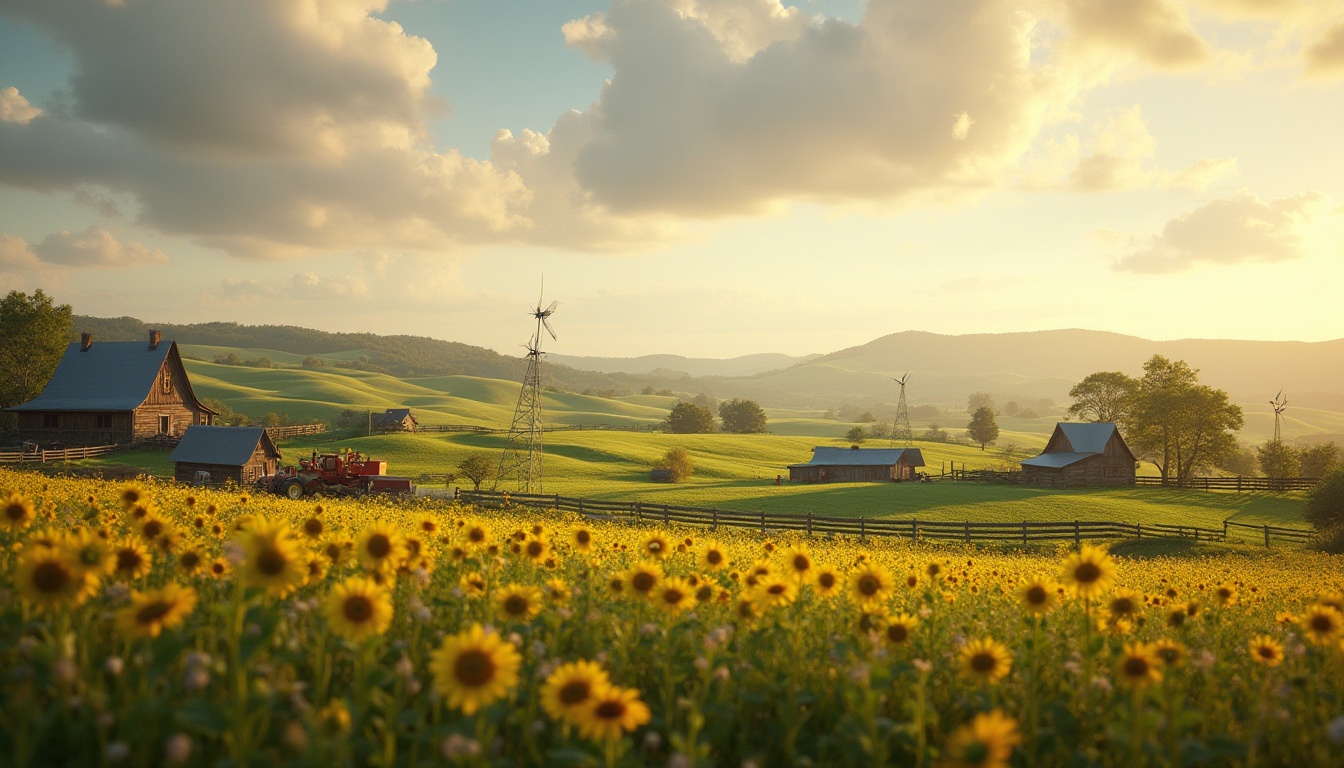 Prompt: Rustic farmland, rolling hills, green pastures, wooden fences, farmhouses, barns, windmills, tractors, hayfields, sunflowers, wildflowers, cloudy sky, warm sunlight, soft focus, natural texture, earthy tone, serene atmosphere, peaceful composition, 3/4 view, low-angle shot, golden hour lighting.