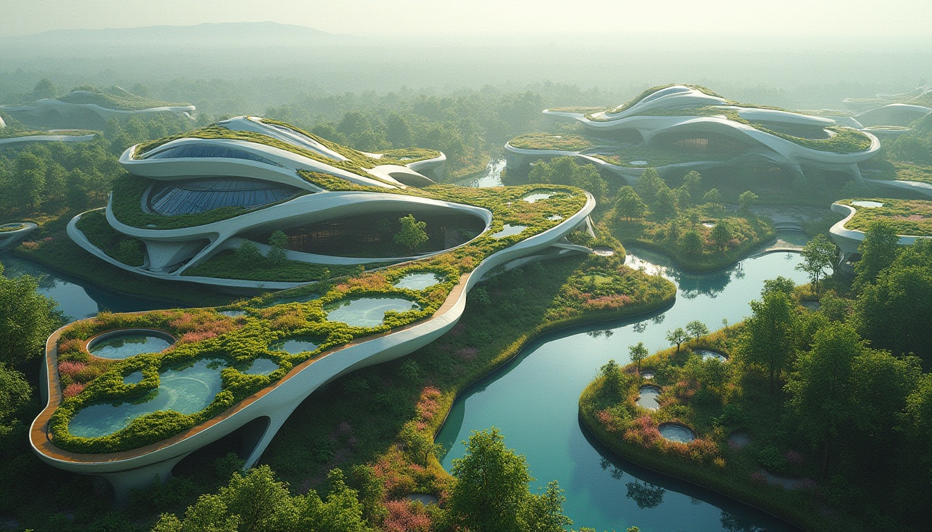 Prompt: Wetland design, Constructivist architecture, futuristic, sustainable, eco-friendly, green roofs, water features, organic shapes, abstract patterns, vibrant colors, reflective surfaces, experimental materials, modular structures, intricate details, birds' eye view, panoramic composition, soft natural light, misty atmosphere, serene ambiance.