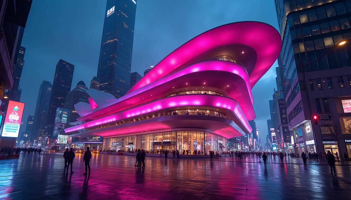 Prompt: Futuristic building, vibrant fuchsia color, sleek curved lines, metallic materials, reflective glass surfaces, neon lights, modern skyscraper, cityscape at night, bustling streets, pedestrian traffic, bright billboards, dramatic shadows, 3/4 composition, low-angle shot, cinematic lighting, urban landscape, metropolitan atmosphere.