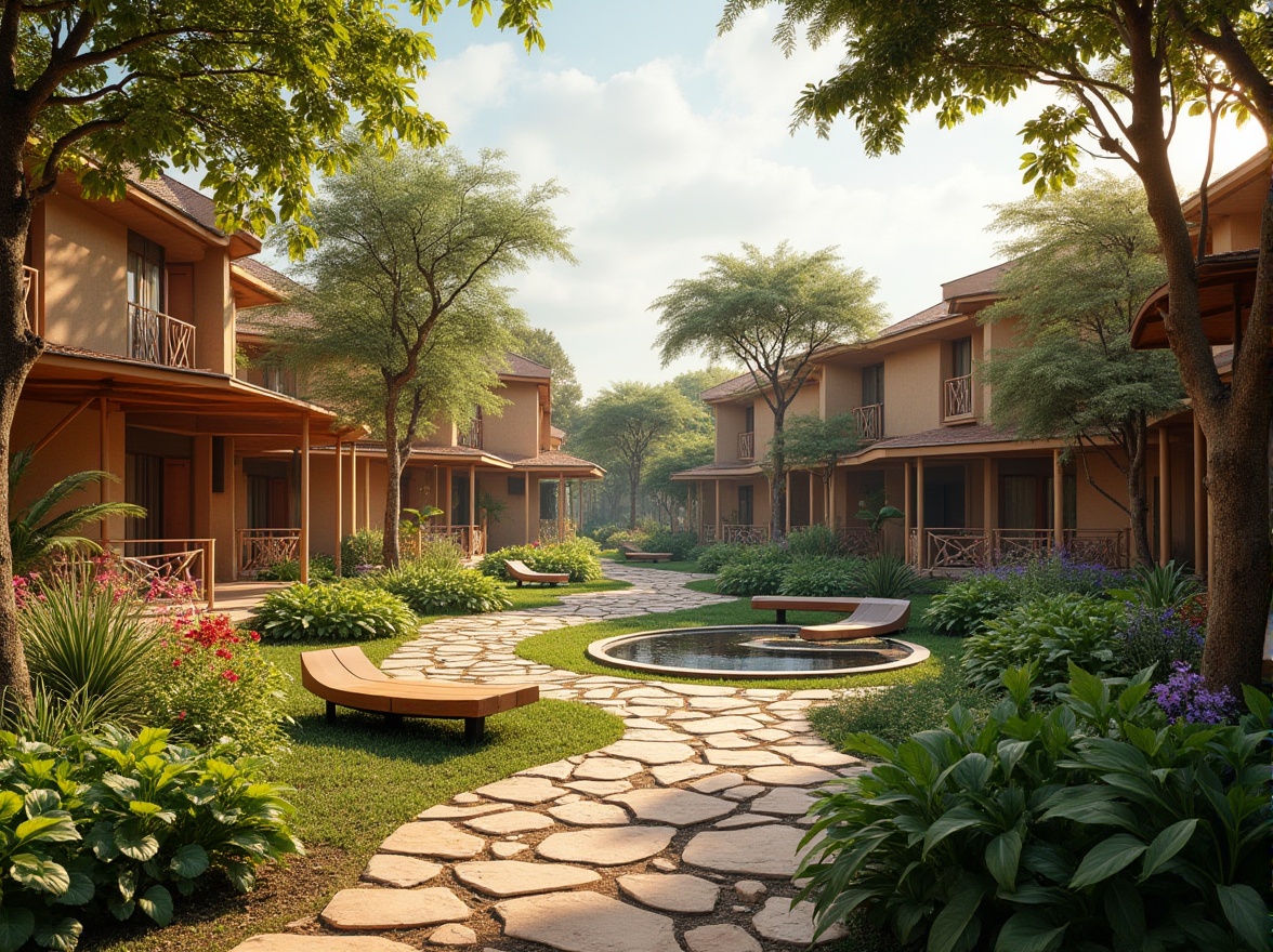 Prompt: Savanna housing, community-centric design, modern architecture, natural materials, earthy tone, curved lines, open spaces, communal areas, lush greenery, trees, tropical plants, vibrant flowers, wooden benches, stone pathways, water feature, serene ambiance, warm lighting, 3/4 composition, shallow depth of field, soft focus, natural texture, African-inspired patterns.