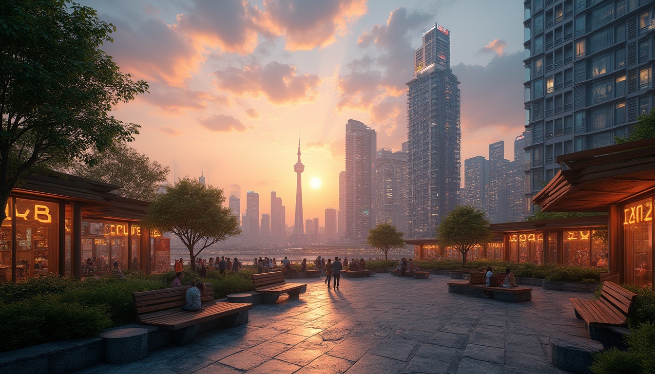 Prompt: Community space, watching towers, futuristic cityscape, skyscrapers in background, neon lights, bustling streets, people walking, gathering area, wooden benches, greenery, trees, urban atmosphere, sunset time, warm lighting, vibrant colors, 3/4 composition, panoramic view, cinematic mood, high angle shot.