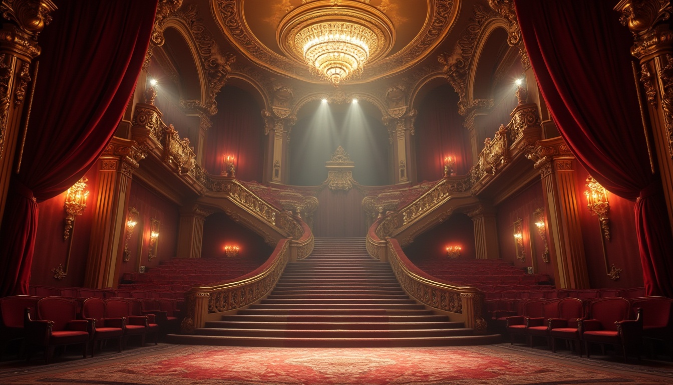 Prompt: Grand, luxurious theater, expressionist architecture, golden ornate decorations, red velvet curtains, dramatic spotlighting, grand staircase, intricate moldings, baroque patterns, lavish chandeliers, ornate mirrors, richly textured carpets, majestic columns, sweeping arches, mysterious shadows, low-key lighting, atmospheric fog effects, majestic cityscape backdrop, 3/4 composition, cinematic framing.