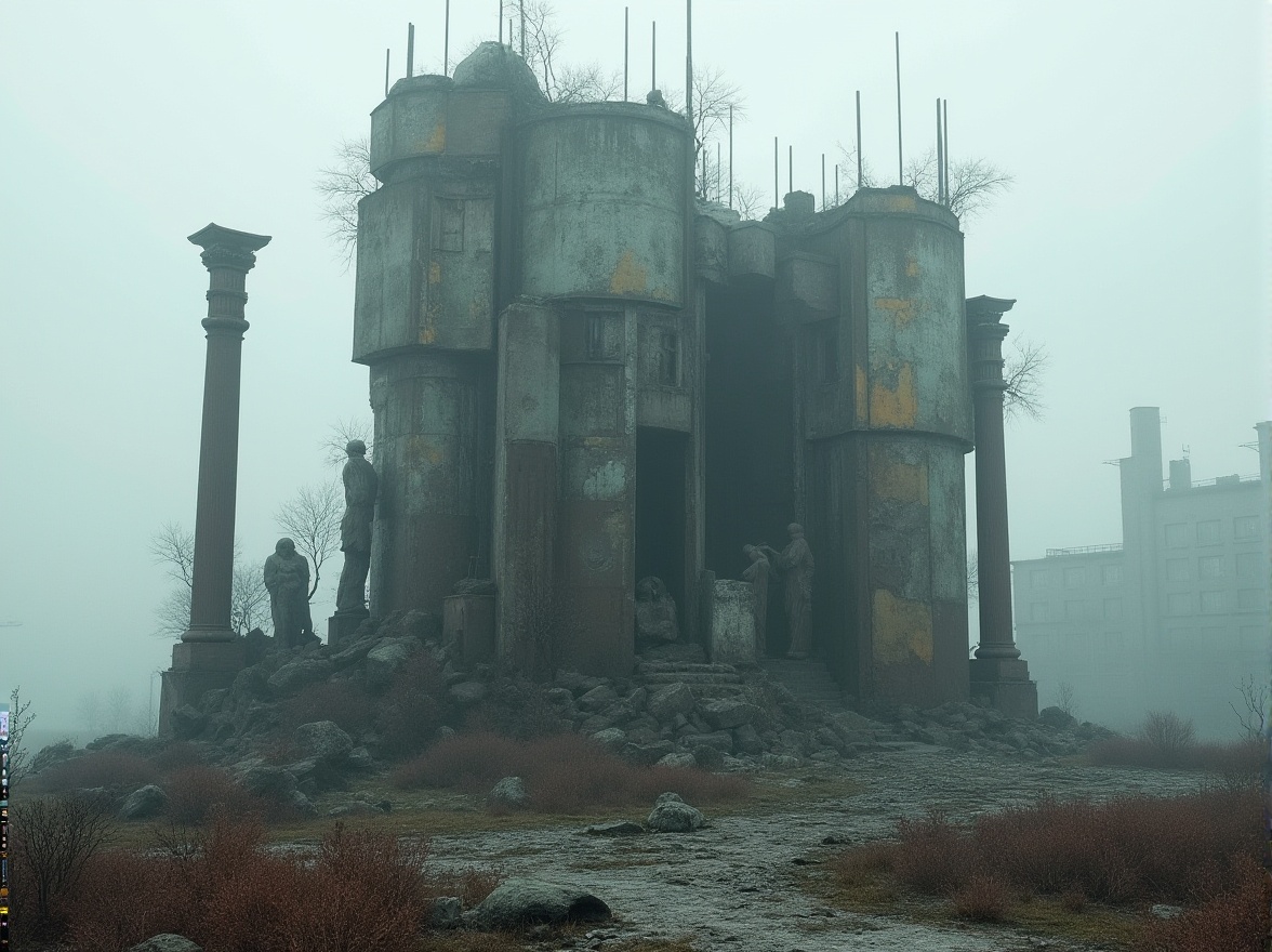 Prompt: Deconstructivist monument, abstract structure, irregular shape, broken columns, fragmented sculptures, distressed metal, rusty texture, overgrown with vines, abandoned atmosphere, neglected urban area, city ruins, industrial decay, bleak landscape, foggy weather, dramatic lighting, high contrast, cinematic composition, post-apocalyptic mood, philosophical concept.