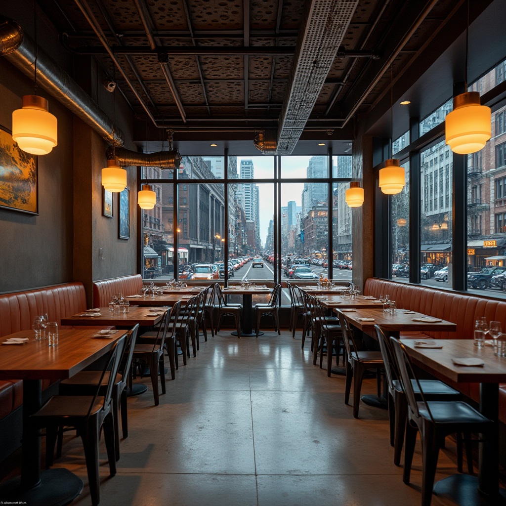 Prompt: Modern restaurant interior, perforated metal ceiling, industrial chic, exposed ductwork, wooden tables, metal chairs, minimalist decor, urban atmosphere, warm lighting, 3/4 composition, shallow depth of field, metal texture, reflective surface, cityscape view, skyscraper background, busy streets, evening scene, soft focus, cinematic mood.