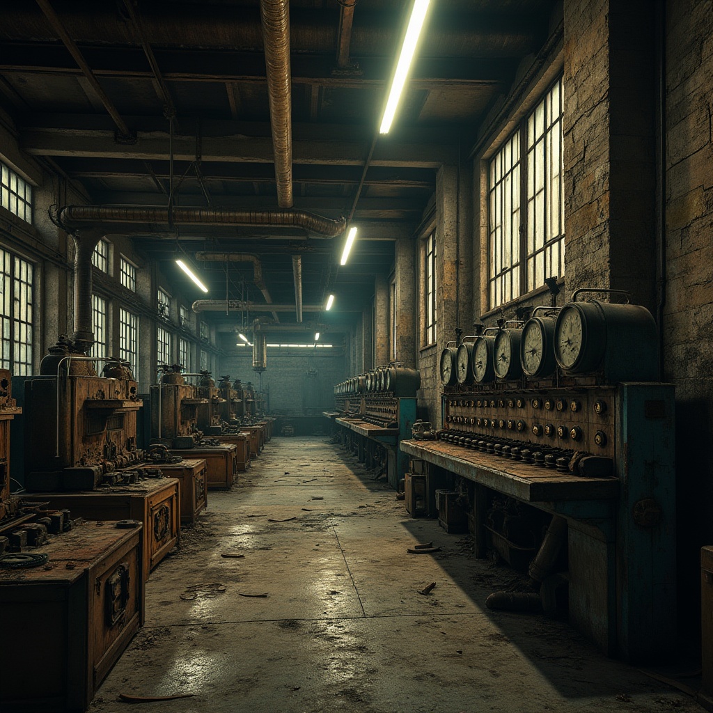 Prompt: Industrial factory, abandoned machinery, rusty pipes, concrete floor, dim fluorescent lights, old wooden crates, worn-out conveyor belts, dusty windows, steel beams, peeling paint, broken clocks, vintage control panels, intricate machinery details, warm color tone, high contrast, dramatic lighting, cinematic composition, low-angle shot, symmetrical framing.