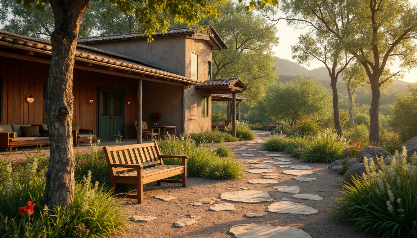 Prompt: Mud, natural, earthy texture, brown color, rough surface, sustainable design, eco-friendly, green architecture, villa, modern house, countryside, trees, flowers, garden, outdoor furniture, wooden bench, stone path, rustic style, warm lighting, afternoon sun, nature-inspired composition.