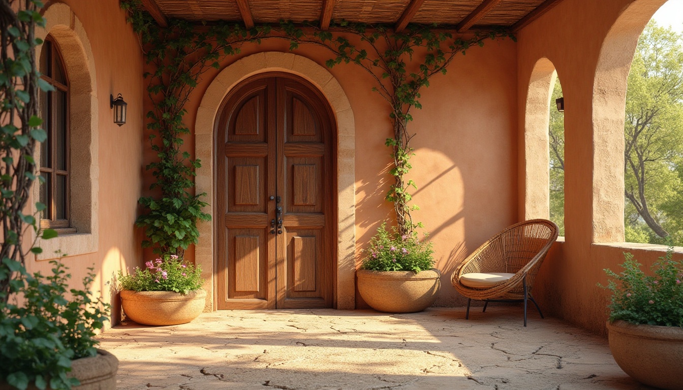 Prompt: Savanna style, earthy tone, fire brick color, warm beige walls, rustic wooden door, vines crawling up the wall, wildflowers blooming in planters, woven basket chair, natural fiber rug, sunny day, soft warm light, 3/4 composition, shallow depth of field, cozy atmosphere.