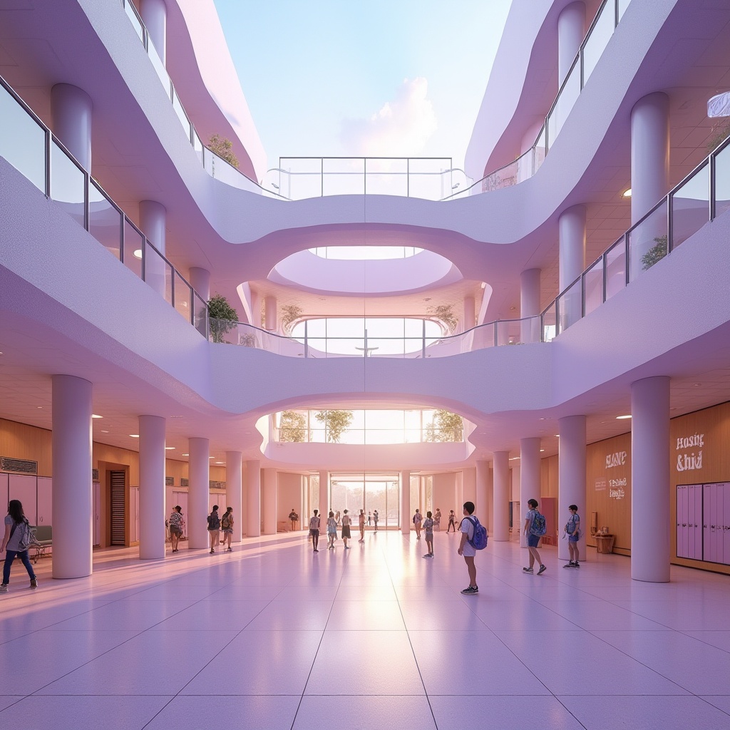 Prompt: Modern school building, incorporating lilac color, vibrant facade, gradient effect, pastel shades, curved lines, futuristic architecture, grand entrance, transparent glass walls, minimalist interior, open spaces, natural light, wooden accents, soft lilac hue lockers, educational decorations, inspirational quotes, young students, energetic atmosphere, morning sunlight, warm ambient lighting, 3/4 composition, shallow depth of field.