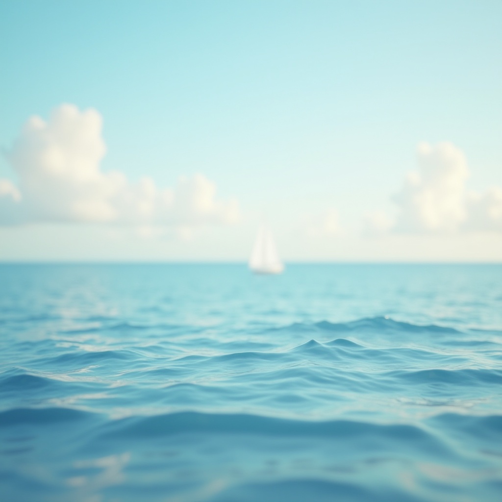 Prompt: Soft light blue background, calming atmosphere, gentle waves, serene ocean view, clear sky with few white clouds, a lone sailboat in the distance, warm sunlight, soft focus, shallow depth of field, peaceful composition, 3/4 view, calming ambient lighting.